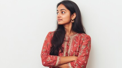 Young Woman in Red Floral Embroidered Kurti