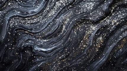 Black and silver glitter texture with swirls creating an elegant abstract background for design and artistic purposes