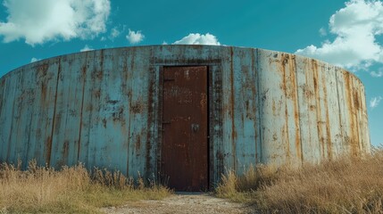 Cold War era silos door with weathered metal exterior against a bright sky and surrounding dry grass landscape.