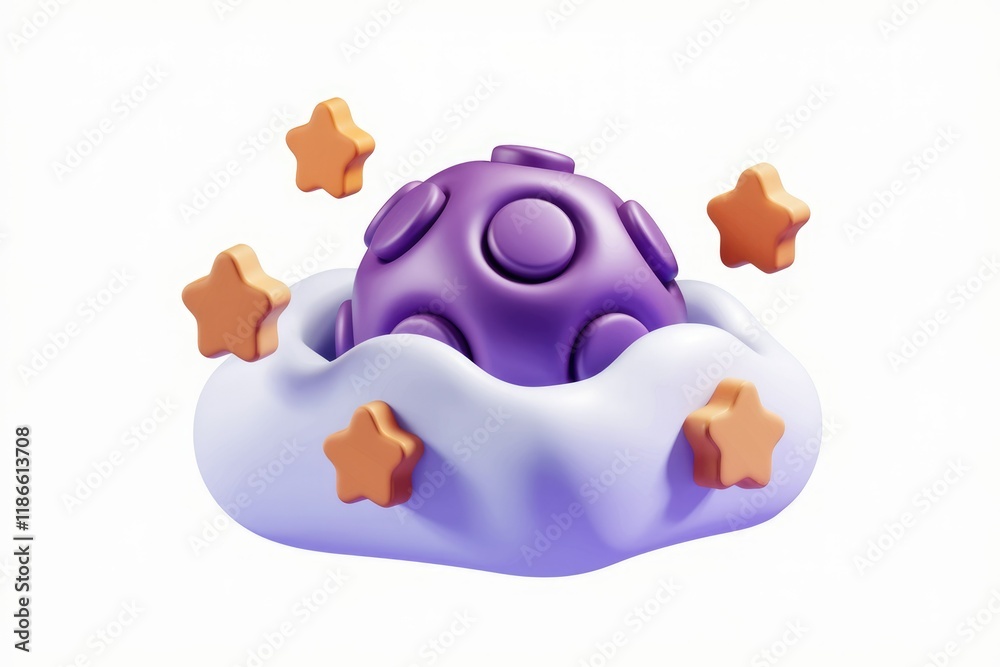 Aufkleber purple moon-like object nestled in a fluffy cloud, surrounded by small stars.