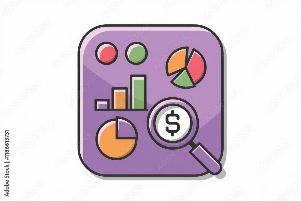 Poster financial dashboard displaying key metrics like pie charts, bar graphs, and magnifying glass focusin