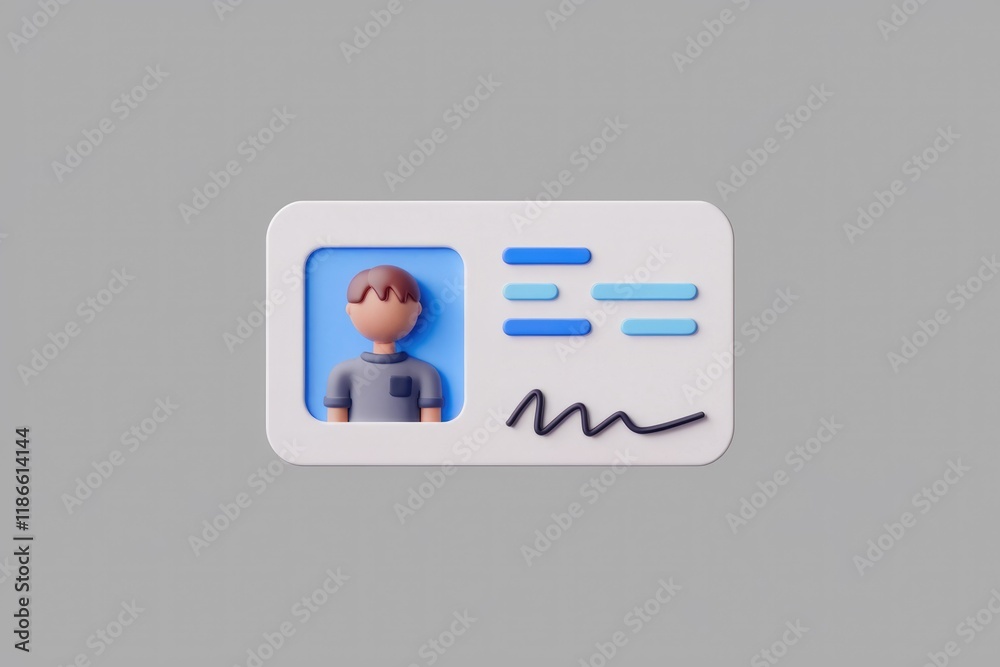 Poster 3D rendering of a simple ID card with a cartoon person's photo and signature.