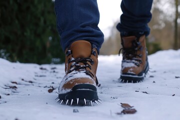 A close-up shot of someone's shoes in the snowy terrain, perfect for winter or cold weather scenes