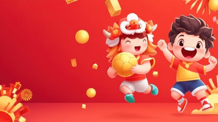 Fototapeta premium Children playing joyfully celebrating Chinese New Year