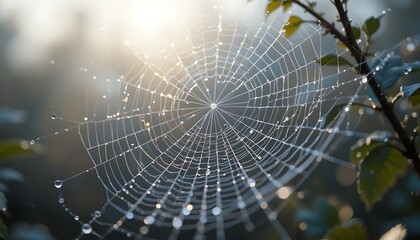 Naklejka premium Delicate Spider Web Covered in Morning Dew with Blurred Natural Background Generative AI