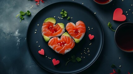 Valentine&rsquo;s themed sushi rolls shaped like hearts with vibrant ingredients like salmon, avocado, and tobiko, served on a black plate with soy sauce and wasabi