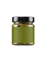 Jalapeno chili peppers in clear glass jar with green copy space label. Isolate on white background. Pickled, capsicum, hot, green peppers. Small cylindrical container with black lid. Food concept.