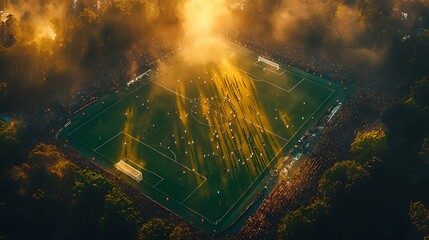 Aerial view of a soccer game at sunrise, players and spectators visible, sun rays illuminate the field.