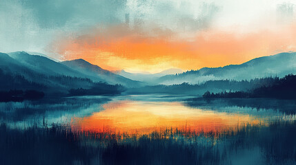Fototapeta premium Sunset over a tranquil lake surrounded by mountains and trees reflecting on water