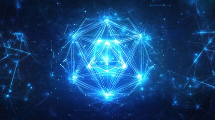 Abstract glowing blue geometric shapes and plexus network connection.