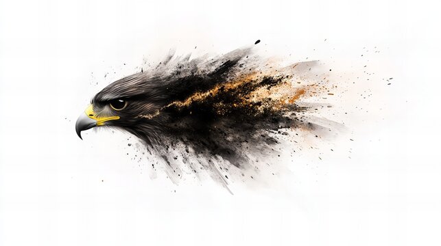 Majestic eagle head exploding into a burst of black and gold. A powerful image symbolizing freedom and strength.