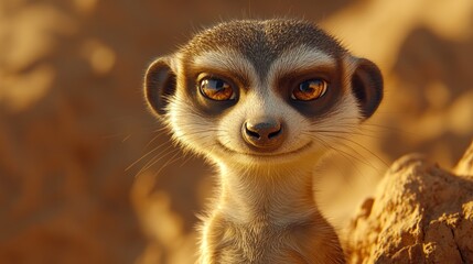 Fototapeta premium Curious meerkat smiles in desert sunset by burrow.