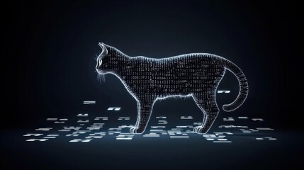 A digital illustration of a cat composed of glowing binary code, standing against a dark background, symbolizing technology and innovation.
