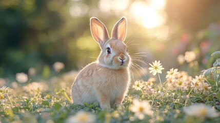 Adorable bunny rabbit sitting in a field of flowers at sunset.