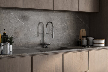 Modern kitchen detail with a sleek faucet, stone backsplash, and wooden cabinetry, styled with...