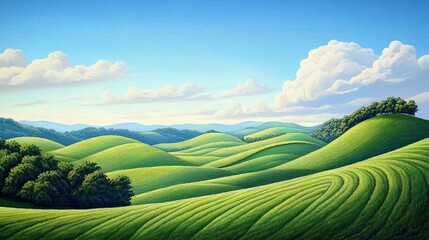 Fototapeta premium A serene countryside scenery with lush green fields, gentle hills, and a clear blue sky, evoking calm and tranquility.