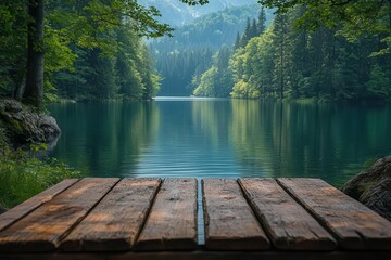 tranquil summer lake view from empty rustic wooden table perspective with natural forest background in soft focus
