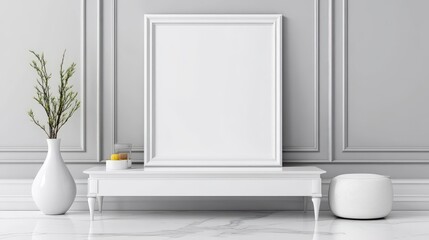 A sophisticated, minimalist interior featuring an empty frame on a wall adorned with soft grey and silver tones, creating an air of elegance and luxury.