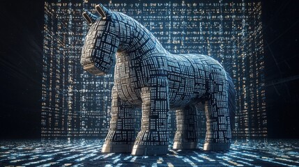A digital horse sculpture composed of binary code, set against a backdrop of glowing data, symbolizing cybersecurity and technology.