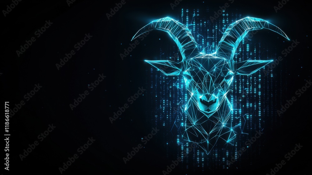 Wall mural a digital representation of a goat's head, featuring glowing blue lines and binary patterns against 