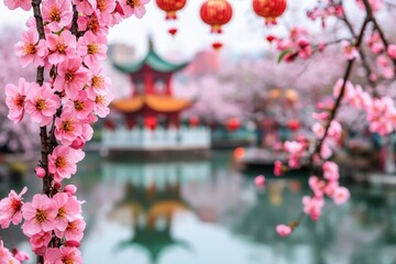 Scenic Peach Blossom Garden with Lanterns