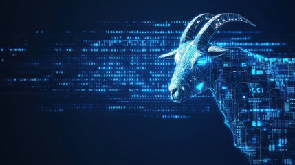 A digital representation of a goat with glowing blue geometric patterns, symbolizing the fusion of technology and nature.