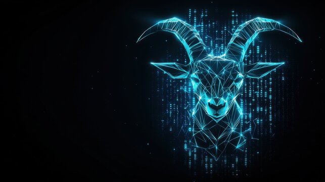 A digital representation of a goat's head, featuring glowing blue lines and binary patterns against a dark background.