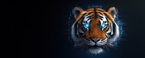 A digital illustration of a tiger's head with glowing blue eyes, featuring a futuristic design and abstract elements against a dark background.