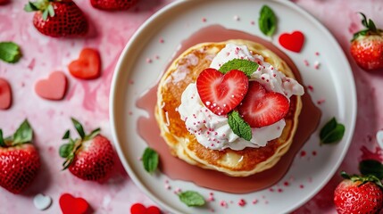 Valentine's Day breakfast pancakes with strawberry syrup and whipped cream, garnished with fresh mint and heart-shaped sprinkles