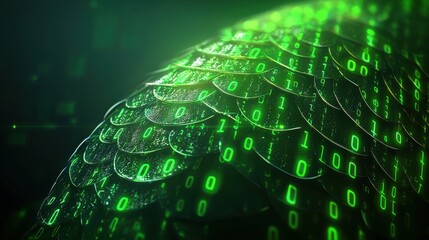 A futuristic, abstract representation of digital data, featuring green binary code against a textured, layered surface.