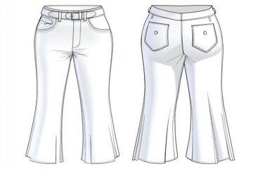 Front and back views of a woman's pants, useful for fashion and textile design