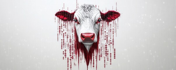 A striking artistic depiction of a cow's head, featuring blood-red drips, blending realism with abstract elements.