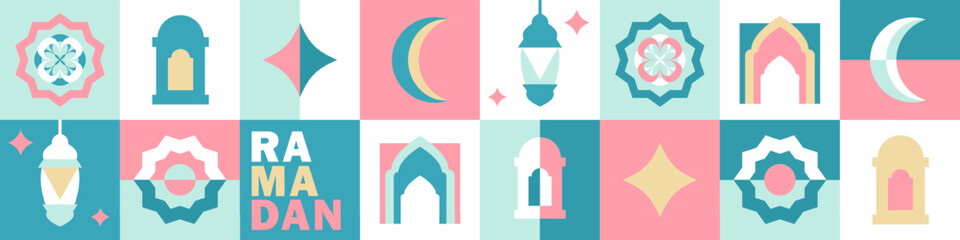 Fototapeta premium Panoramic banner for Ramadan with geometric and Islamic motifs: crescent moon, lantern, mosque arches, Arabic patterns, star, bold text. Header in flat style in pink, turquoise, golden, white colors