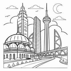 A Sleek Vector Line Art Depicting Towering Skyscrapers, Dynamic Bridges, and Interconnected Domes in a Visionary Cityscape