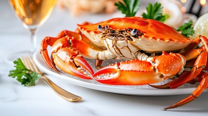 Fresh Cooked Crab on Plate with Lemon and Garnish on Table