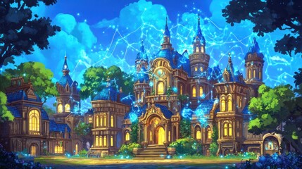Obraz premium Enchanted Castle: A Nighttime Fantasy Illustration
