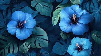 Lush blue hibiscus flowers and tropical leaves on dark background.