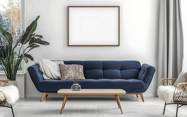 Modern living room interior design, navy blue sofa, wooden coffee table, plants, cozy atmosphere, home decor, website banner