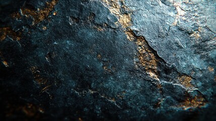 Dark blue rock surface with gold veins close-up background texture.