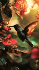 Tiny bird flying amidst stunning floral beauty.