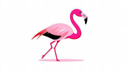 Fototapeta premium Pink flamingo standing on one leg against a white background.