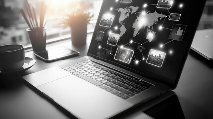 Close-up of a laptop screen displaying a virtual meeting with colleagues from various locations, highlighting the benefits of online communication for team productivity.