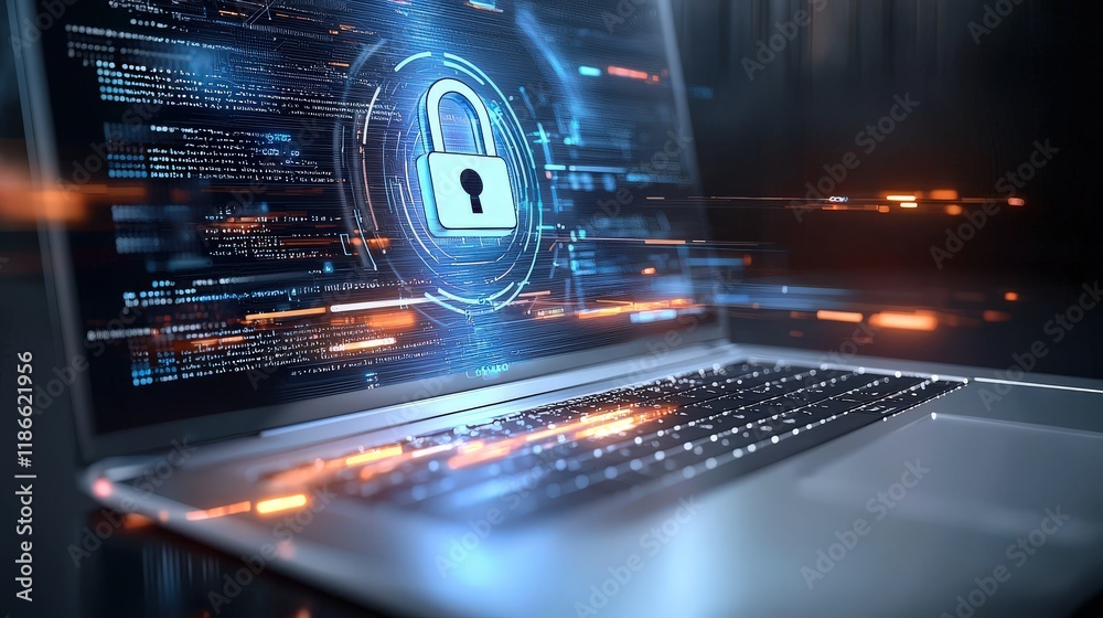 Poster close-up of a laptop screen displaying encryption software, with a lock symbol appearing over docume