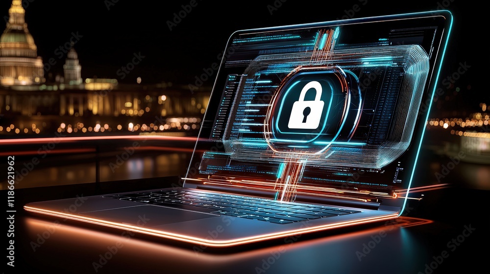 Poster close-up of a laptop screen displaying encryption software, with a lock symbol appearing over docume