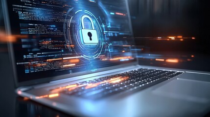 Close-up of a laptop screen displaying encryption software, with a lock symbol appearing over documents, showcasing secure practices for remote workers.