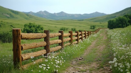Obraz premium Wooden fence alongside a trail through a grassy valley with mountains in the background.
