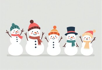Vibrant Snowmen in Winter Scene with Flat Design Style, Grey Background and Colorful Winter Accessories