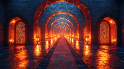 Fototapeta premium Glowing corridor with arches and reflective floor.