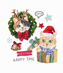 happy time slogan with cute kittens in present box and Christmas wreath vector illustration