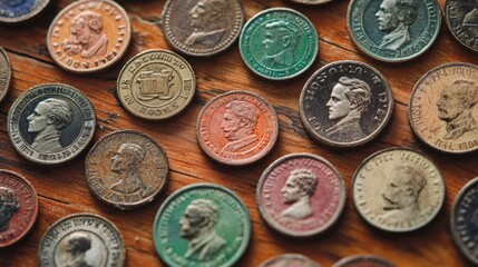 Antique coins and stamps artistically arranged on a rustic wooden surface showcasing historical significance and beauty. Generative AI